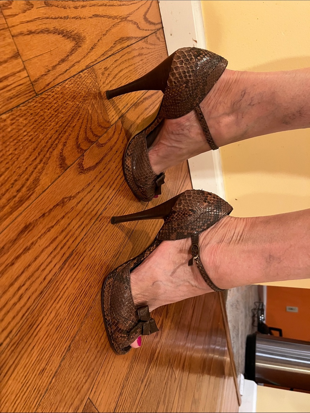 Brown Snake-Effect Peep-Toe Stiletto Sandals with Ankle Strap and Bow, Italy